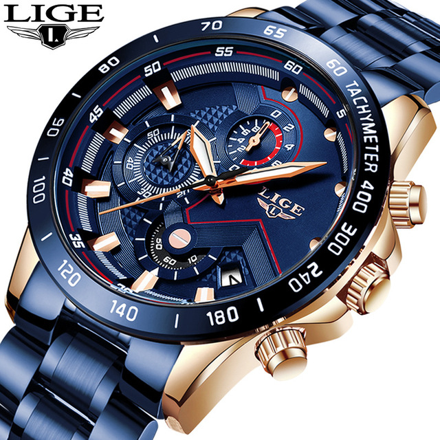 LIGE 9982 Brand Your Own Men Quartz Watches Custom Steel Luminous Dial Luxury Watch Blue