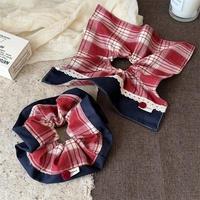 Accessoire Cheveux Femme Fille Style Preppy Japonais Coréen Vintage, Élastique à Cheveux en Dentelle à Motif Écossais Rouge et Blocs de Couleurs Bleu Marine