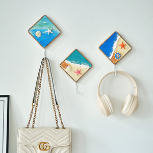 Mediterranean Style Painted <b>Wall</b> <b>Hooks</b> Square Iron <b>Hook</b> For Entryway Decor With Sand Texture And Beach Design - Product Image 1
