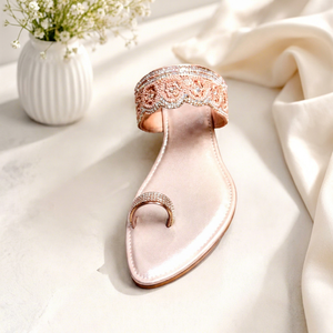 Sandales plates à lanières en strass roses, à bout ouvert, à enfiler, avec embellissements floraux, chaussures décontractées et élégantes pour l'extérieur - Product Image 1