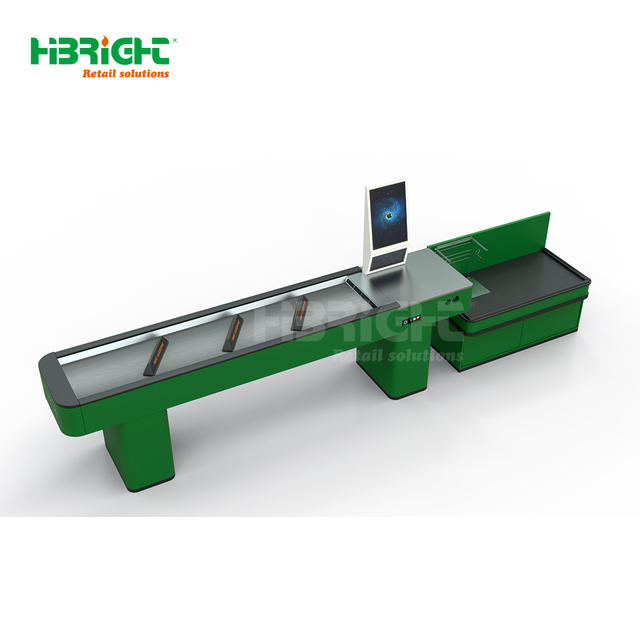 HIGHBRIGHT Supermarket Checkout Counter with Stainless Steel Automatic Conveyor Belt Electric Cash Register Payment Station