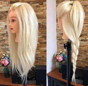 Cabeza de Maniquí de pelo <span class=keywords><strong>Real</strong></span> 100%, cabeza de entrenamiento de peluquería, cabeza de muñeca de cosmetología para teñir, cortar, trenzar - Product Image 4