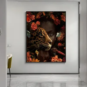 African Art Black Woman Tiger Rose Bird Oil Painting on Canvas Cuadros Posters and Prints Wall Art Picture for Living Room Decor