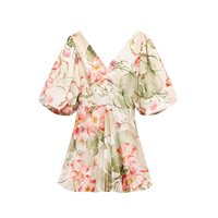 Soldes d'été : Mini-robe imprimée pour femme, col en V, manches courtes, respirante, tissée, taille haute, pour un style décontracté et tendance