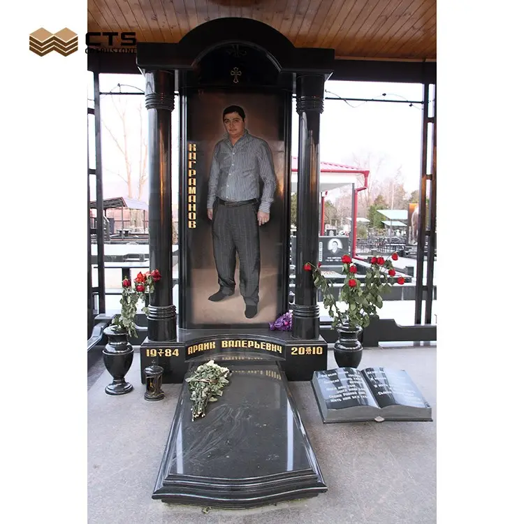 Sandblasting Etching Kazakhstan Style Black Granite Headstone