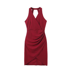 Vestido halter sexy con espalda descubierta y cuello en V para mujer, talla grande, color rojo sólido, vestido de noche N8484 - Product Image 2