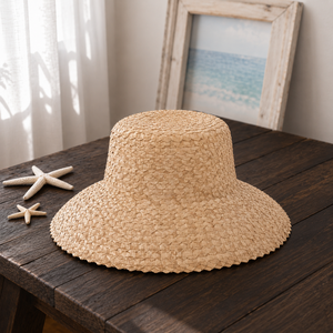 Sombrero de Paja Beige, Diseño Étnico Pintado a Mano, Ala Ancha, Color Sólido, Unisex, para Adultos, Verano, Playa, Casual, Viajes, Protección Solar - Product Image 1