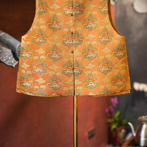 Gilet original pour femme haut de gamme en soie de mûrier et brocart Song, doré, à col rond, à simple boutonnage, style chinois, grande taille 5839 - Product Image 3