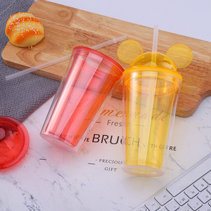 Zhen Ai Mickey Mouse Double Wall Plastic Straw Cup Bpa Free Portable Drinkware For Children Gift Water Bottle - Product Image 3