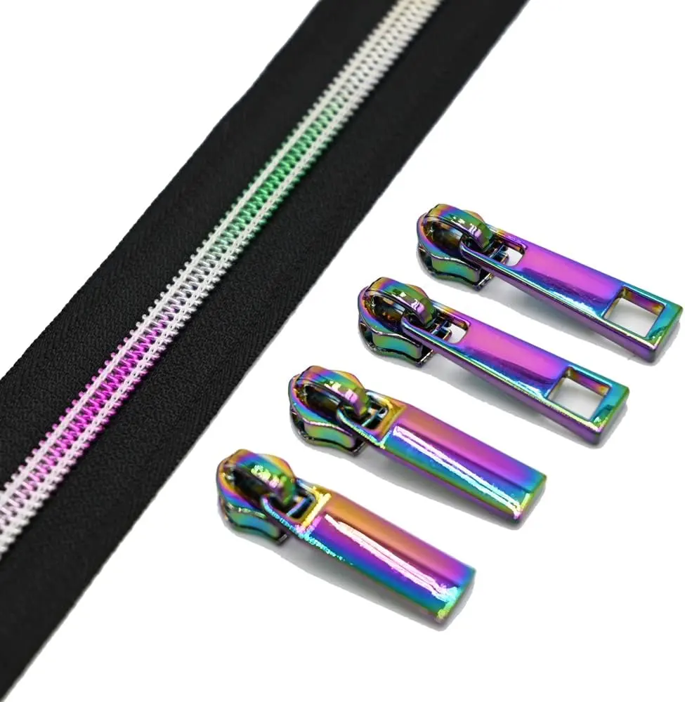 #5 Nylon coil Rainbow zippers sold by yard 5 zip bulk colored teeth metal sliders pulled for sewing craft black nylon chains