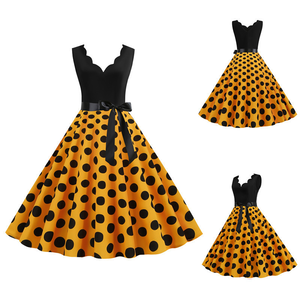 Abito Lungo Vintage da Donna con Stampa a <span class=keywords><strong>Pois</strong></span>, Scollo a V, Linea ad A, Stile Retrò Estivo Casual, Vendita all'Ingrosso OEM ODM - Product Image 6