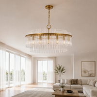 Suspension en laiton Jingshi avec tiges de verre verticales, éclairage superposé pour salon ou espace ouvert