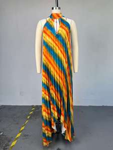 Vestido Maxi Plisado con Cuello Halter y Estampado Tie-Dye para Mujer - Vestido Formal con Espalda Descubierta y Corte Asimétrico - Product Image 5