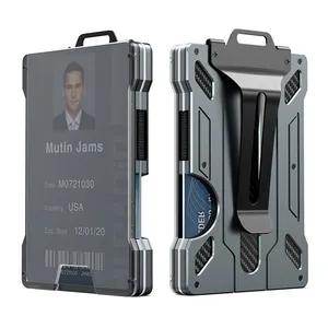 Mini billetera de aluminio para hombre, billetera inteligente delgada con insignia de identificación de ventana transparente