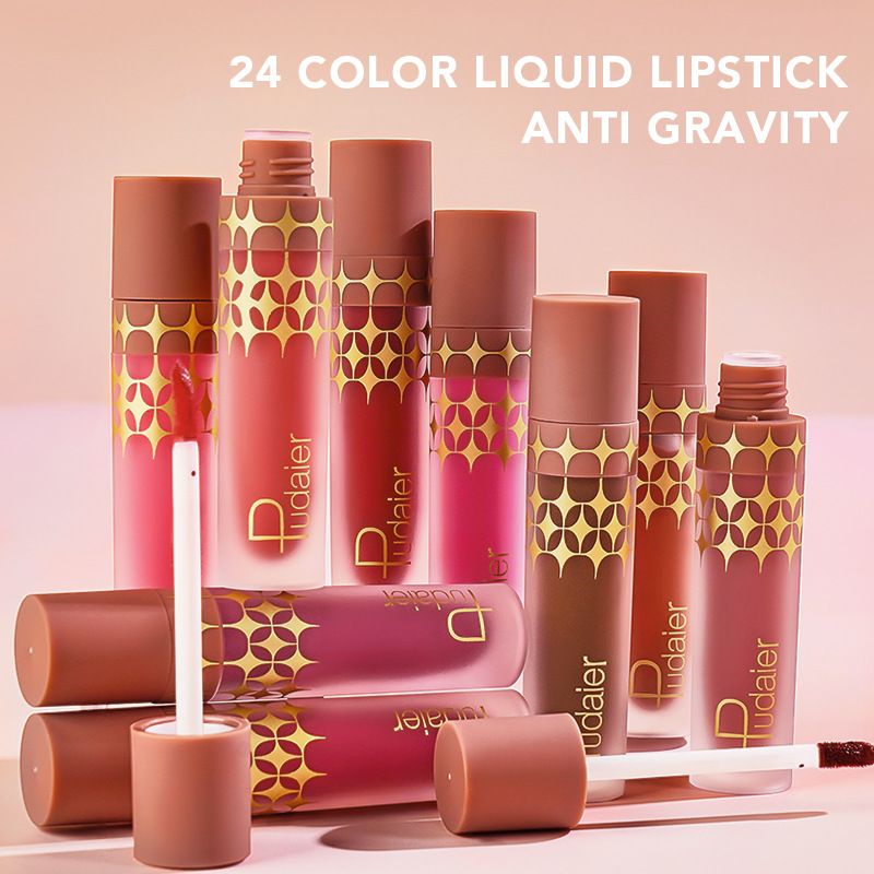 Pudaier 24 màu sắc trang điểm 4.5ml không thấm nước giữ ẩm Matte ánh sáng lung linh nhung lỏng Lip Stick son bóng