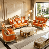 Canapé en cuir orange à accoudoirs enroulés avec cadre doré, prêt à l'emploi, pour salon, villa, hall, restaurant, salle de séjour