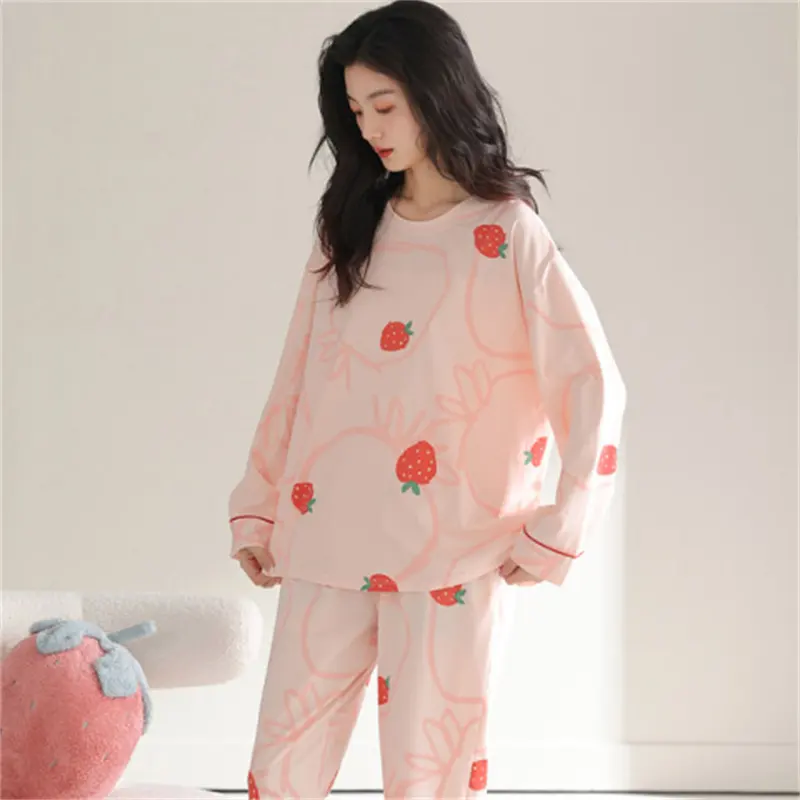Baskı o-boyun pijama pijama saten sonbahar kıyafeti Polyester Pijamas kadın pijama seti Kigurumi ev takım elbise nefes pijama
