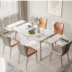 Mesa de Comedor Extensible de Mármol Estilo Nórdico Minimalista, Superficie de Piedra Sinterizada, Patas Metálicas Delgadas Negras, Rectangular, para 4-8 Personas, Mesa de Restaurante - Product Image 1