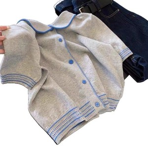 Cárdigan Gris de Punto para Mujer, Manga Corta, Cuello Camisero, Patrón de Rayas de Algodón, Cierre de Botón, Estilo Veraniego - Product Image 5