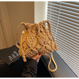Bohemian Crochet Shoulder <b>Bag</b> With Tassel Geometric Pattern String Closure Summer Women's Daily Use - Product Image 1