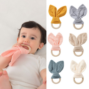 Marionnette en tissu de coton réconfortant, jouet pour bébé, aide au sommeil, avec anneau en bois, oreilles de lapin, poupée nouveau-né 31-50cm - Product Image 1