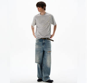 เสื้อยืดผู้ชายสุดหรู ผ้าฝ้าย 100% แฟชั่นฤดูร้อน 260 แกรม หนัก ทรงโอเวอร์ไซส์ ลายปักลูกปัด 3 มิติ ระบายอากาศ สไตล์สตรีท - Product Image 6