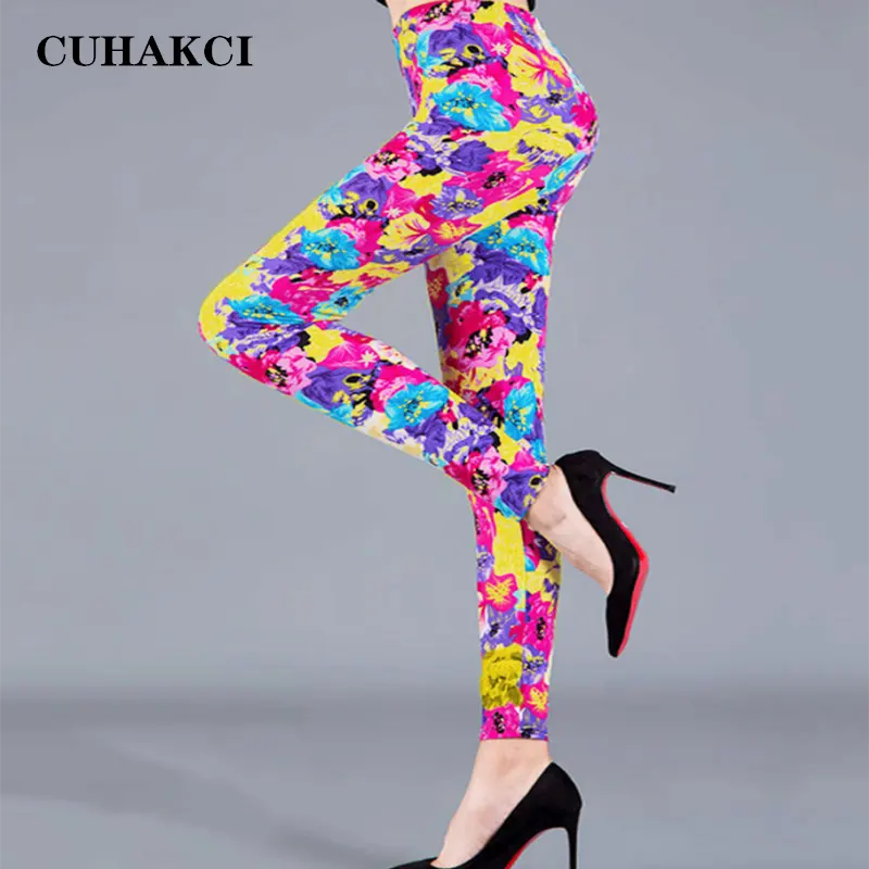 CUHAKCI Custom Logo Thin Pants Female Slim Graffiti Flower Leggings Elastic Slimming Fashion Women Pants For Ladies