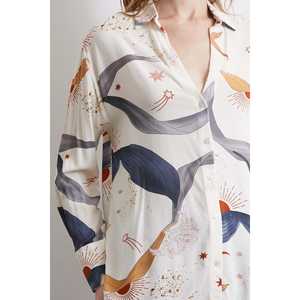 Camisa de Gasa con Estampado Floral en Color Crudo para Mujer, Cuello en V, Estilo Casual para el Día a Día, Blusa con Botones - Product Image 2