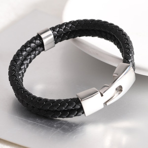 Pulsera unisex de cuero negro de doble capa con cierre de gancho de acero inoxidable para regalo - Product Image 1