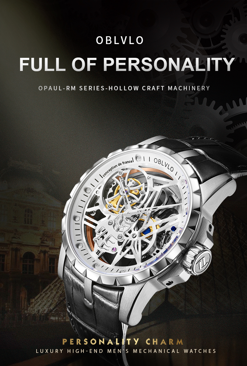 男性用OBLVLOスケルトンウォッチアナログディスプレイトゥール