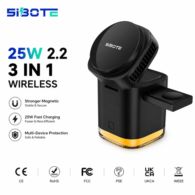 .2 Sibote 25W Magnetic Wireless Charger 5 in 1 Foldable Retractable Cable 5V/3A 9V/2A Night Light QC3.0