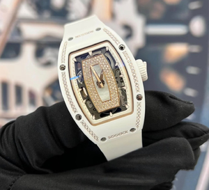 Reloj de Hombre RM07-01 Exquisite Diamond White Ceramic Tonneau - Esfera Esqueletizada, Correa de Silicona, Reloj Mecánico - Product Image 1