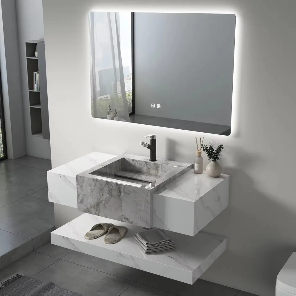 Yeni duvara monte katı yüzey yapay taş vanity top entegre lavabo kabine ile banyo aynası mermer lavabo