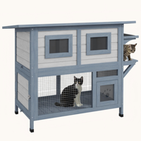 Maison pour chat de luxe moderne en bois de sapin pour extérieur, 2 niveaux, résistante aux intempéries, avec balcon en grillage métallique, abri de jardin de haute qualité