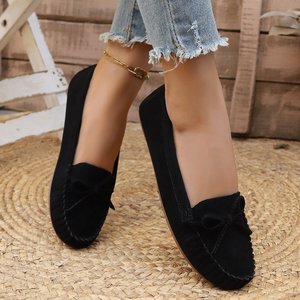Mocassins pour femmes en <span class=keywords><strong>daim</strong></span> <span class=keywords><strong>noir</strong></span>, chaussures plates à nœud papillon, confortables et décontractées pour la marche quotidienne - Product Image 1