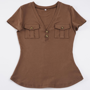 Blusa Casual de Verano Y2K para Mujer, Transpirable, Estilo Vintage, Cuello en V, Botones, Tejido de Punto, con Bolsillo Tipo Cargo - Product Image 2