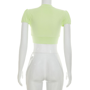 Viviblook C26TP186 T-shirt d'été pour femme, nouveau haut court uni à manches courtes et col bas avec boutons pour femmes - Product Image 3