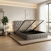 Lit Double King Queen en Bois de Bouleau, Dernier Design Moderne, Mobilier de Salle à Manger, Revêtement en Cuir PU Capitonnée, avec Rangement et Système de Levage à Gaz en Cristal