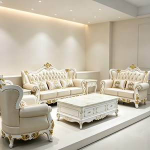 Ensemble de canapés en <span class=keywords><strong>cuir</strong></span> sculpté doré de style classique européen, meubles de salon de luxe pour villa, canapé avec structure en bois massif, meubles de maison - Product Image 6