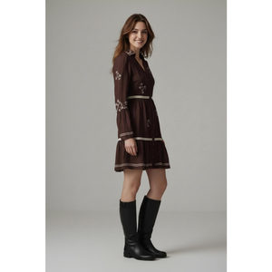 Robe boutonnée vintage marron pour femmes, broderie florale, robe longue à manches longues pour l'automne - Product Image 6