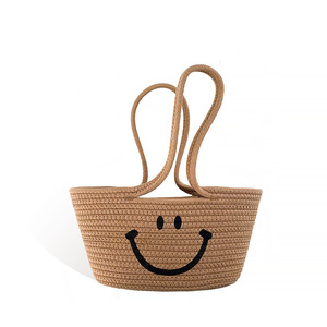 Sac fourre-tout tissé en coton avec visage souriant, forme boulette, broderie, usage quotidien, été 2022 - Product Image 5