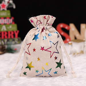 Sac à cordon en lin de Noël imprimé en relief Sac cadeau de bonbons en coton cousu 10x14cm Marque écologique ONE FLOWER pour les vacances - Product Image 6
