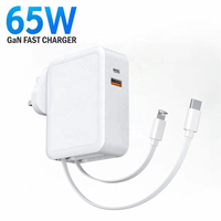 Cargador Rápido GaN PD de 65W, 4 en 1, Cable USB C Retráctil, Cargador de Pared con Enchufe para EE. UU., UE, Reino Unido y Australia, Bloque de Carga Portátil para Teléfono y Laptop