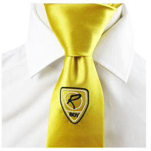 Cravate de luxe pour homme en polyester uni jaune or, avec logo personnalisé brodé, cravates universitaires pour garçons - Product Image 2