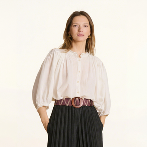 Chemise en coton froissé pour femmes |   Chemise à manches bouffantes 3/4 boutonnée |   Haut décontracté style bohème |   Fabricant de vêtements en marque privée - Product Image 1