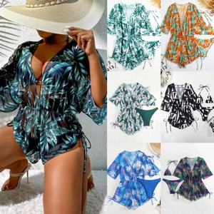 S-XL Bikini üç parçalı Set yaprak baskı bel bağlı moda uzun kollu plaj güneş geçirmez mayo seti 3 paket - Product Image 1