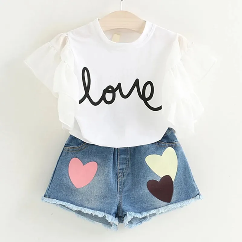 Summer Valentine's Day Kids Girls Fashion 2-piece Outfit Set Fly Sleeve Letter Print Tops+Heart Print Denim Shorts Set