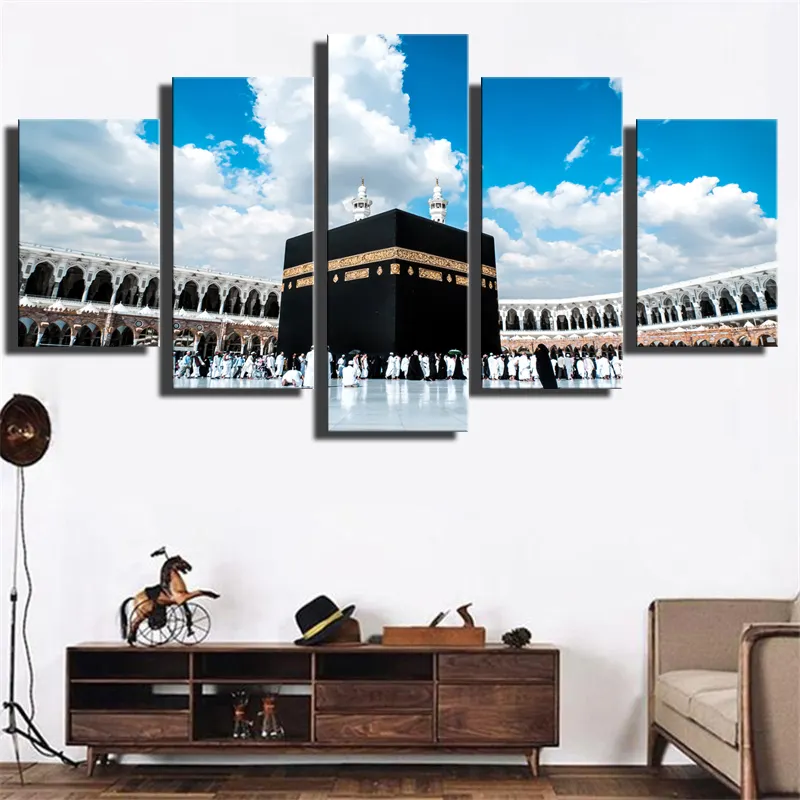 Pinturas de arte de pared impresas, lienzo Modular, 5 piezas, Religioso Islámico Hajj, redondo, musulmán, tumba de Mamad, decoración de habitación, cuadros