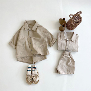 Conjunto de Dos Piezas Informal para Niños, Estilo Preppy de Verano, Camisa de Lona con Solapa y Pantalones Cortos, para Niños y Niñas, Estilo Han Fan - Product Image 4