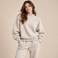 Sweat-shirt côtelé à col montant surdimensionné, 80 % coton, molleton lourd, jogging femme, ensemble décontracté 2 pièces